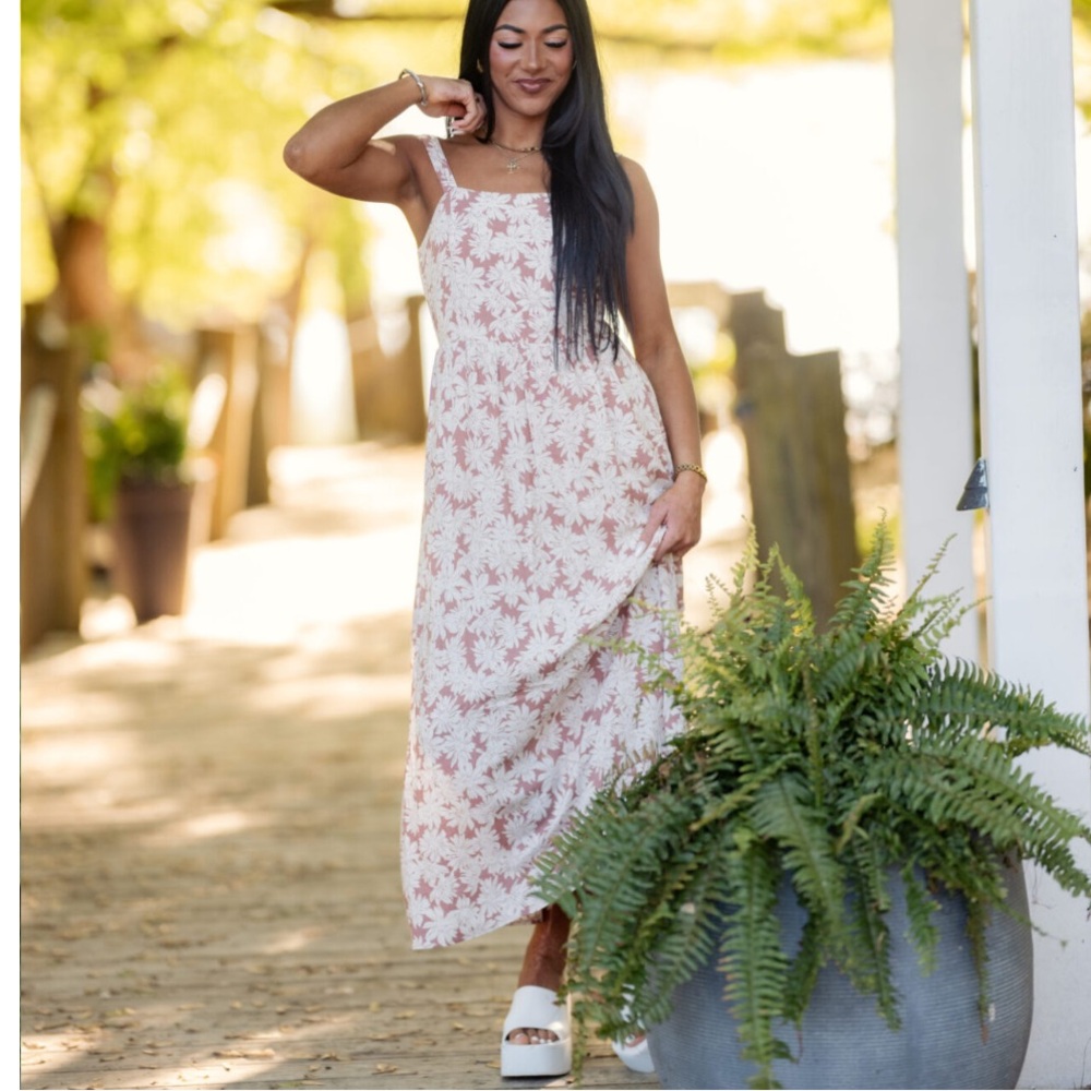 Blush Pink Floral Linen Blend Sleeveless Midi Dress